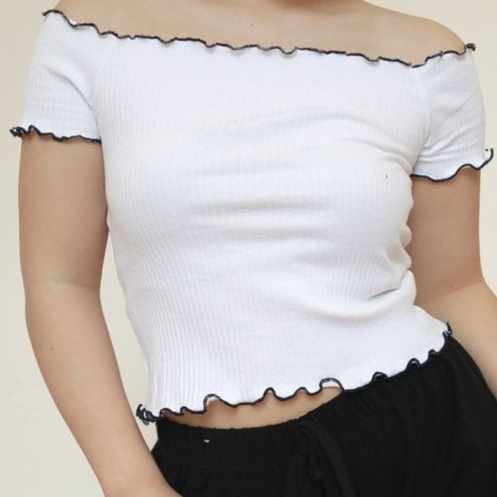 Zara White Ribbed Off Shoulder Top with Blue Trim